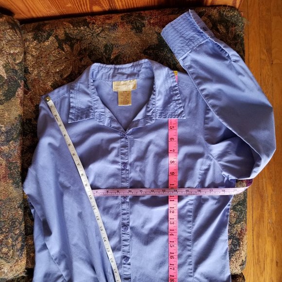 Vintage, med blue cotton, L, S, M, close fit blouse, tuck in/out, Cotton Ginny - Picture 3 of 7